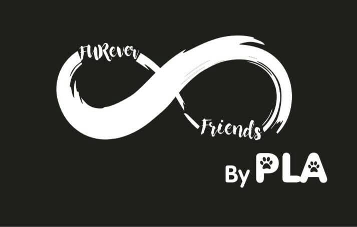 FURever Friends By PLA logo — white brush-stroke infinity loop on black