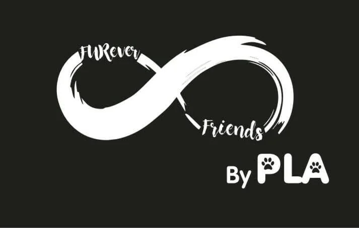 FURever Friends By PLA logo — white brush-stroke infinity loop on black